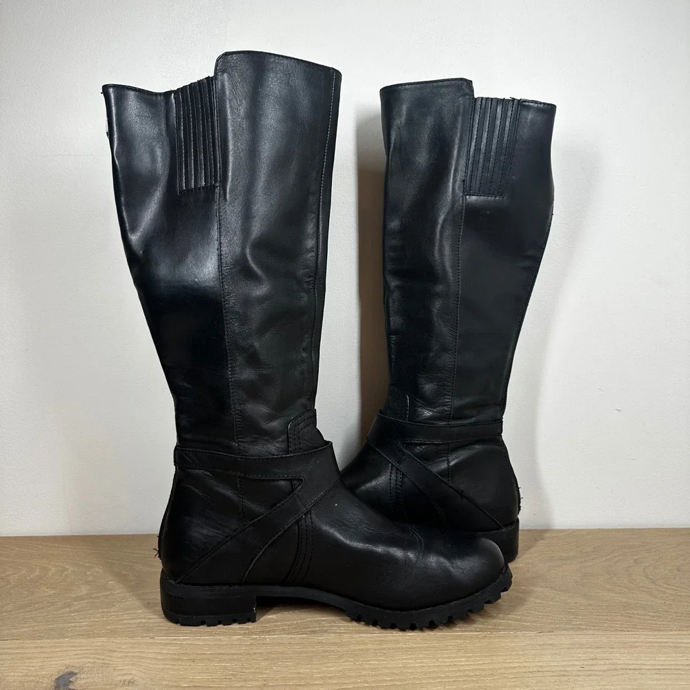 Adrienne Vittadini Boots Women 9 Black Leather Knee High Moto Buckle Riding